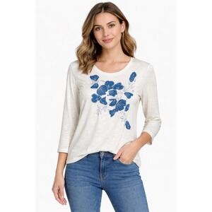 New Chicos Alabaster White Floral Embellished Tee 3/4 Sleeve Cotton Top Size 2